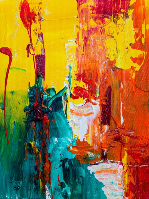 Bunte abstrakte Kunst mit dominanten Gelb-, Rot- und Blautönen.