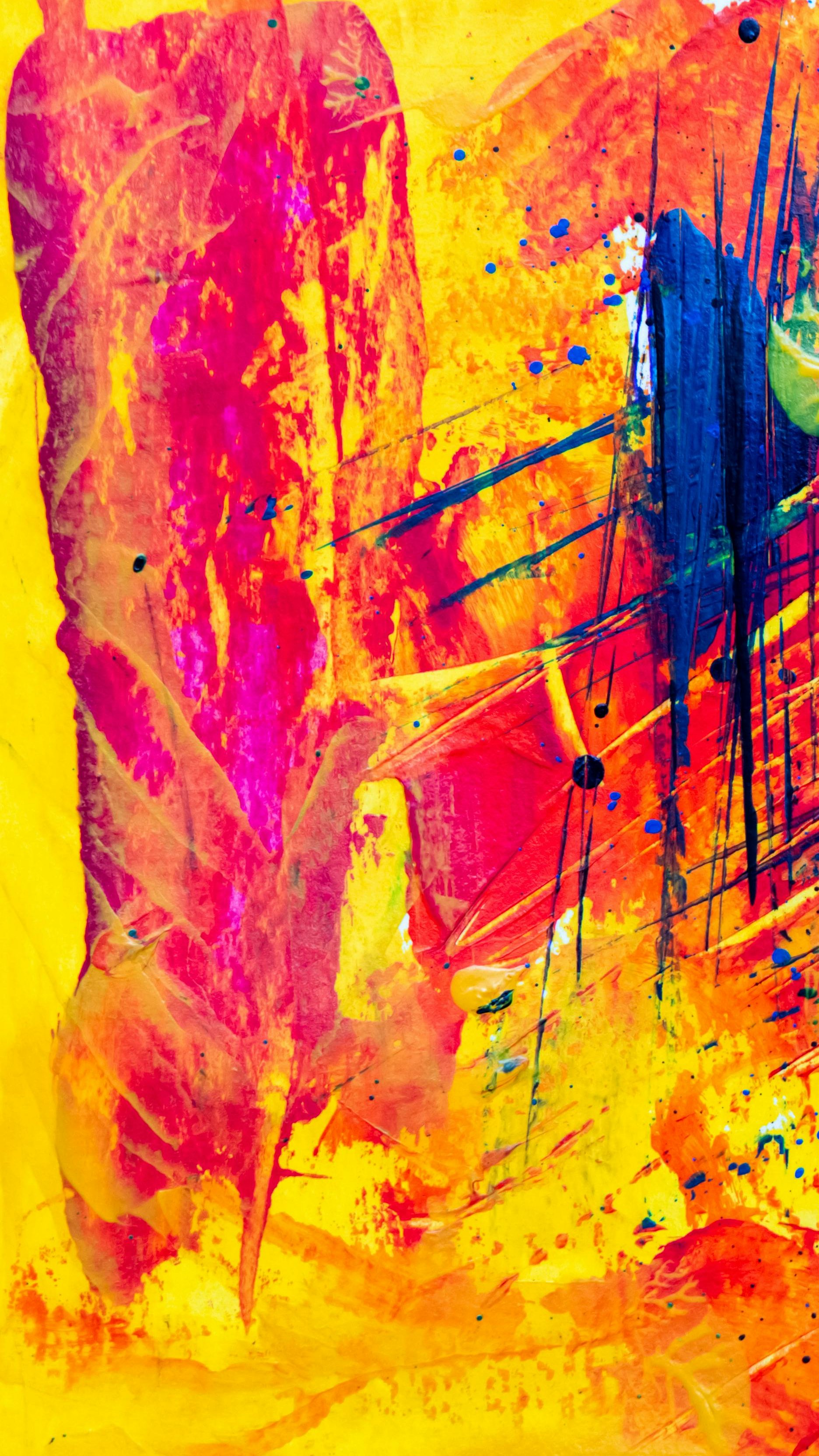 Lively abstract painting with bold colors and dynamic brushstrokes.