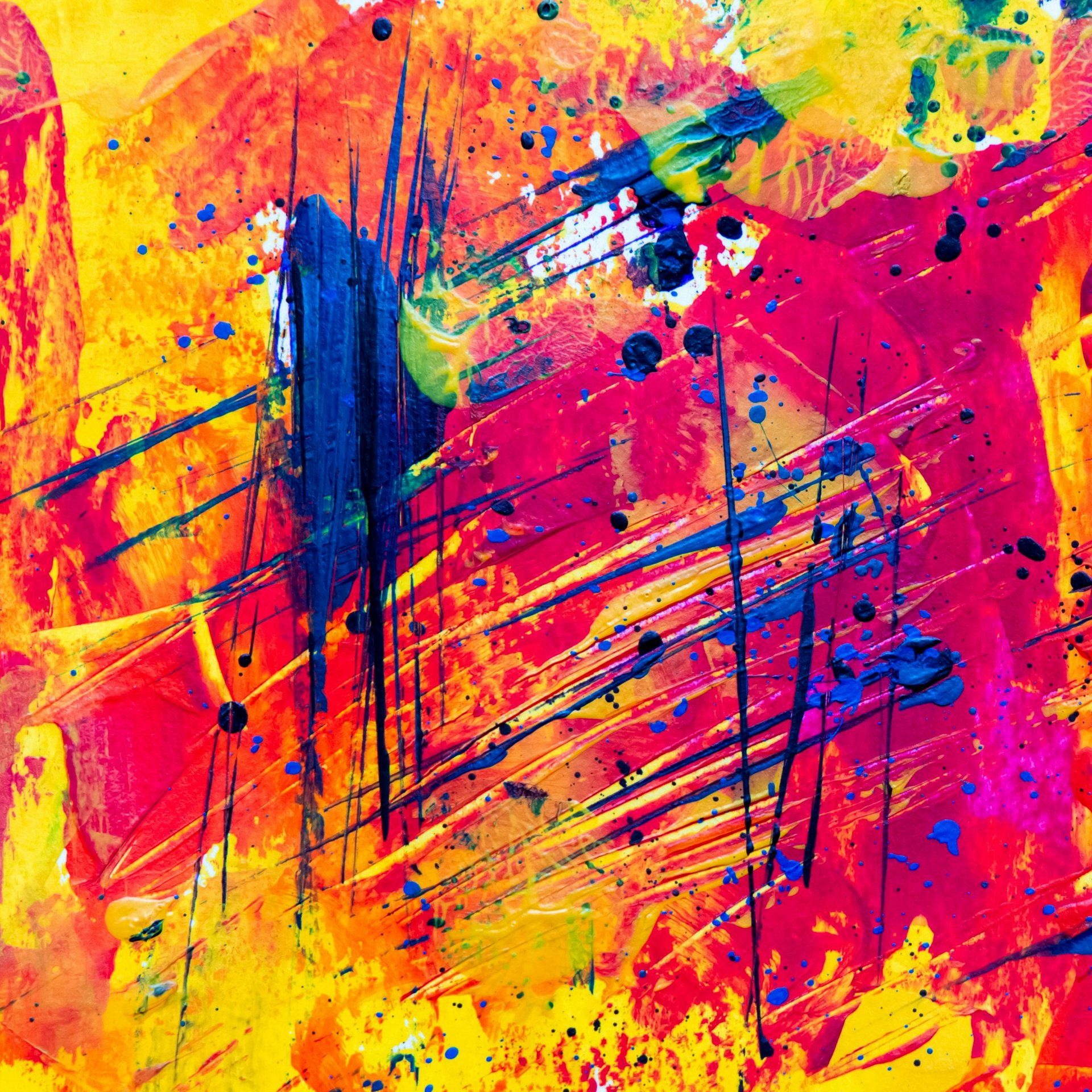 Lively abstract painting with bold colors and dynamic brushstrokes.