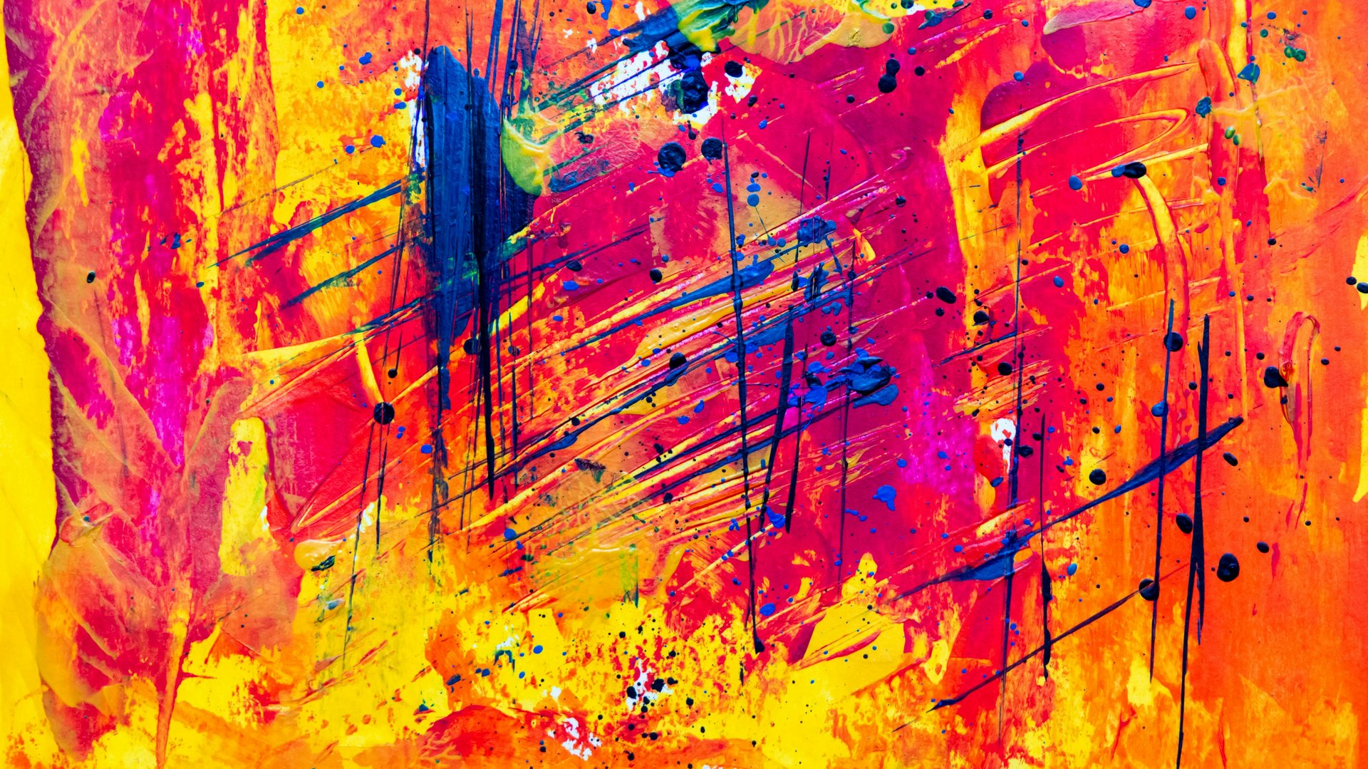 Lively abstract painting with bold colors and dynamic brushstrokes.